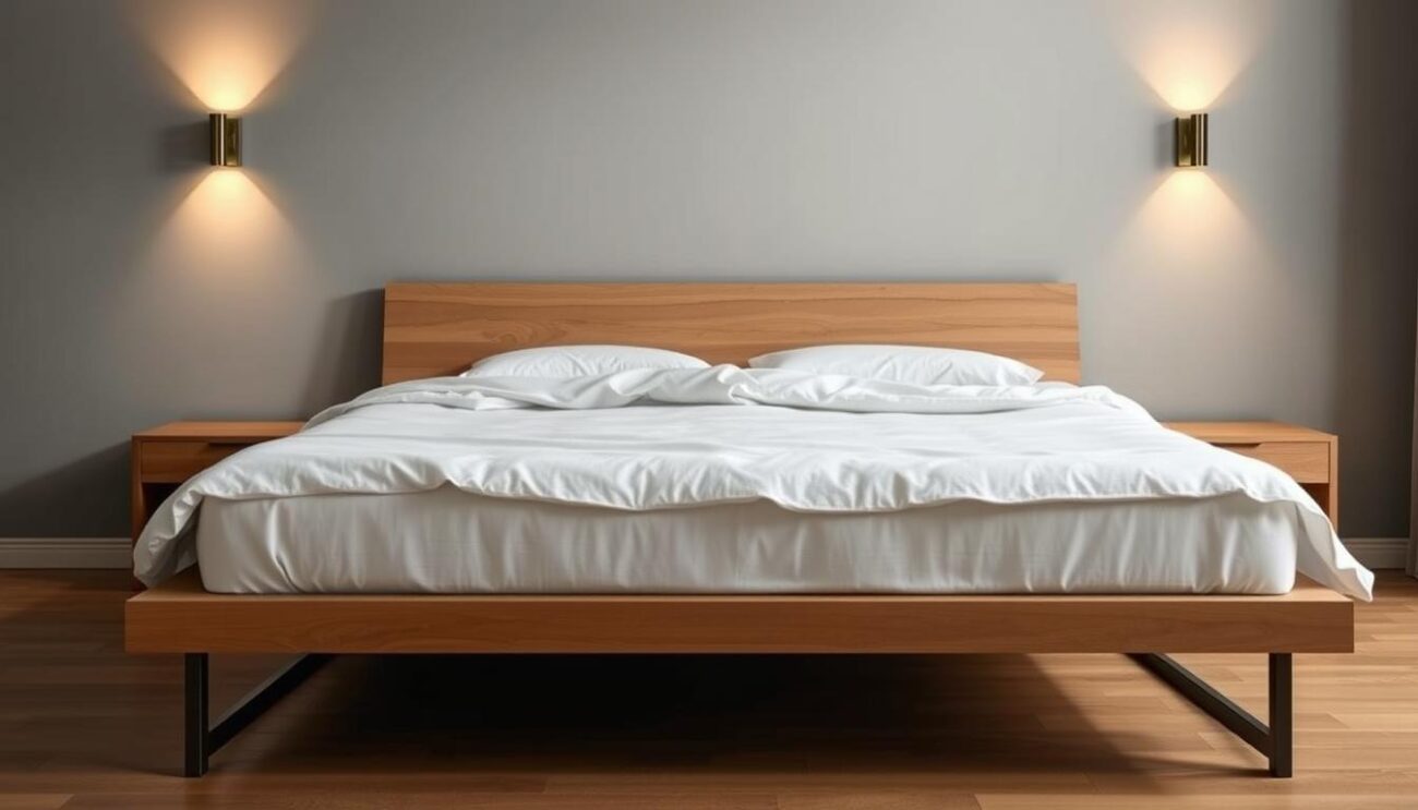 Detailed interior view of a contemporary continental bed frame in a minimalist bedroom setting. Crisp white linen bedding with subtle textural details. Solid wood headboard and footboard in a natural hanzi finish, complemented by sleek metal side rails. Plush, medium-firm mattress with superior pressure relief and temperature regulation. Warm, diffused lighting from wall sconces casts a cozy glow, highlighting the clean lines and elegant simplicity of the design. Muted color palette with soft gray walls and natural hardwood flooring. Serene, restful atmosphere that invites peaceful slumber.