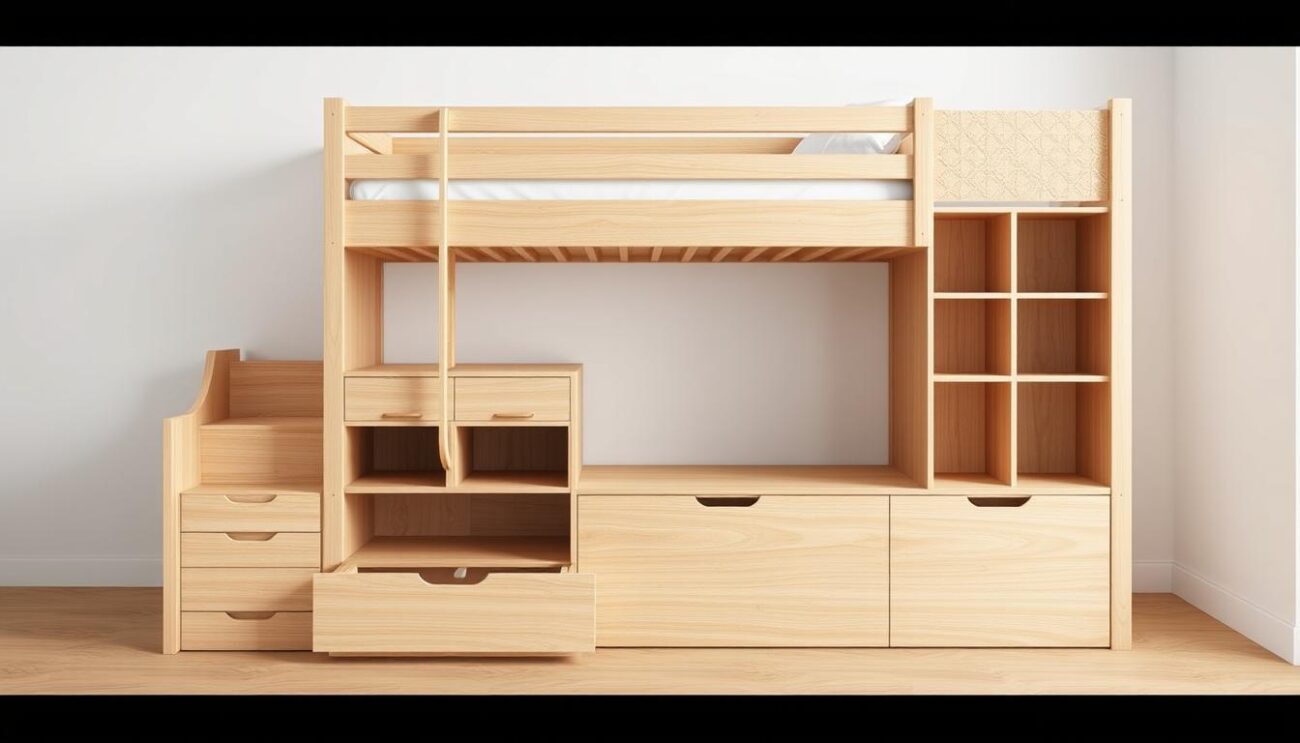 Highly detailed, photorealistic 3D rendering of a modern bunk bed with built-in drawers and storage compartments. The bed frame is constructed from a light-colored, natural wood with a sleek, minimalist design. The drawers and storage spaces are integrated seamlessly into the bed's structure, offering ample storage solutions. The scene is well-lit, showcasing the bed's features and textures. The background is a clean, neutral environment, allowing the hanzi bunk bed to be the focal point. The overall composition and lighting create a warm, inviting atmosphere, highlighting the practical and stylish nature of this versatile sleeping solution.