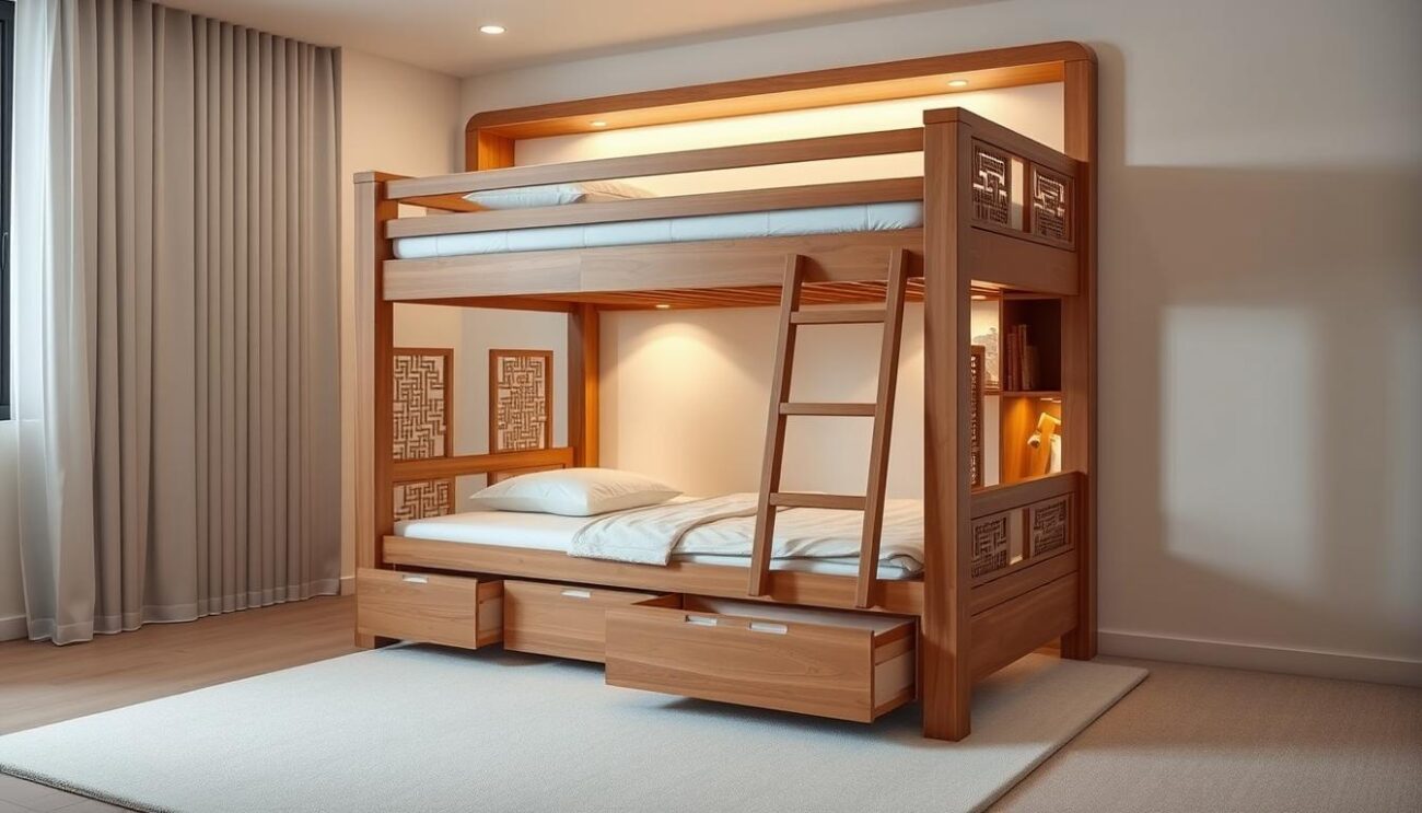 Łóżka piętrowe z szufladami i schowkami